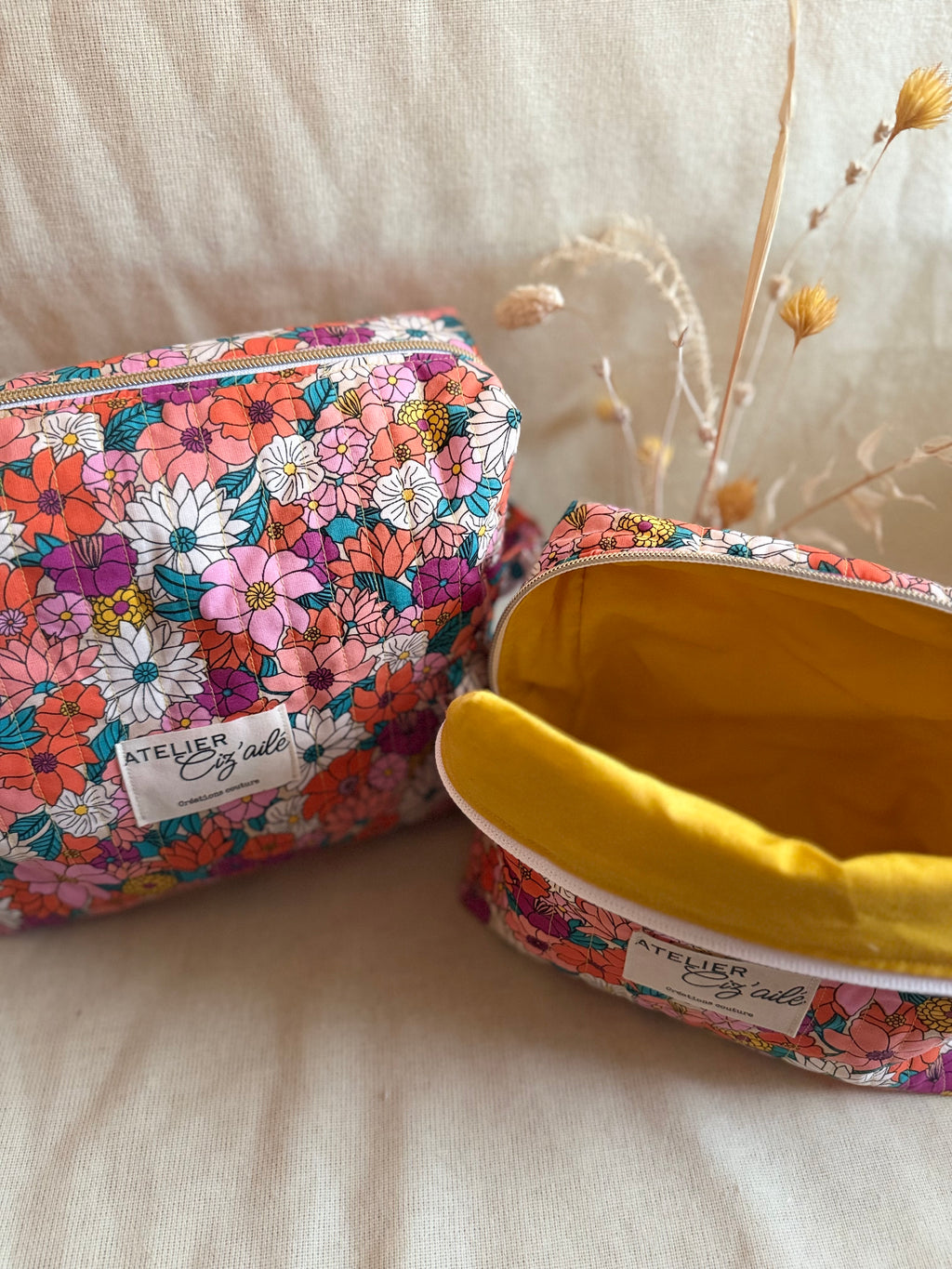Trousse matelassée orange et jaune